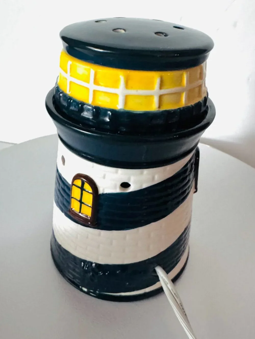 Retired Scentsy Nautical Lighthouse Blue White Ceramic Wax Warmer  TESTED